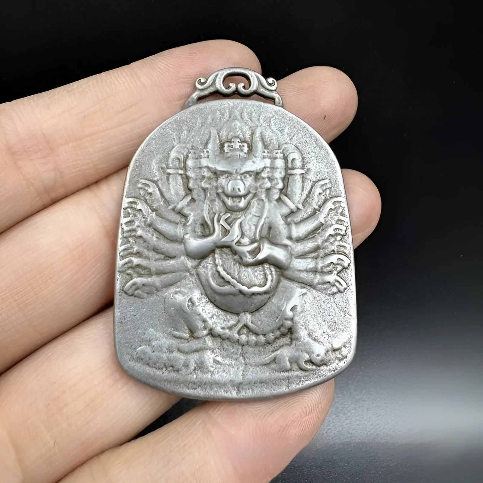 Iron pendant with Chinese geometric style and Aryaacalanatha Yamantaka design for wall hanging.