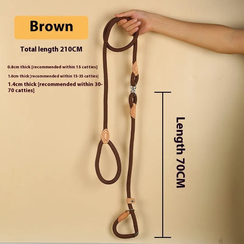 Brown nylon P chain dog leash with hand-holding rope, 2.1 metres long