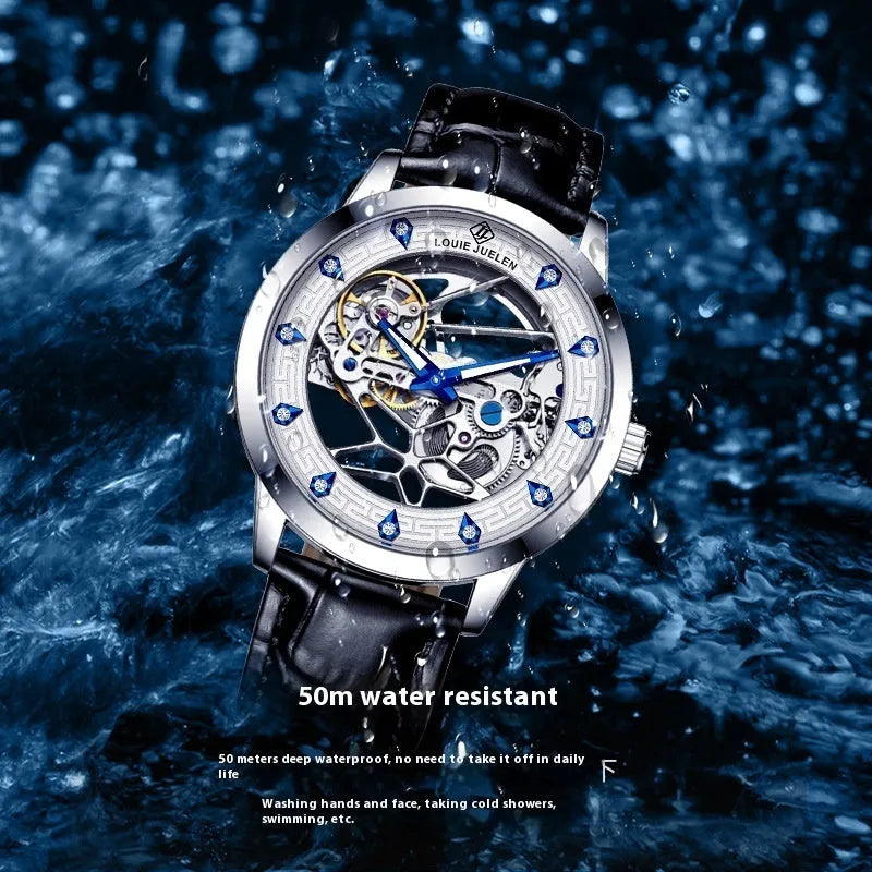 Men's silver case mechanical watch with white dial, blue luminous hands, and black leather strap.