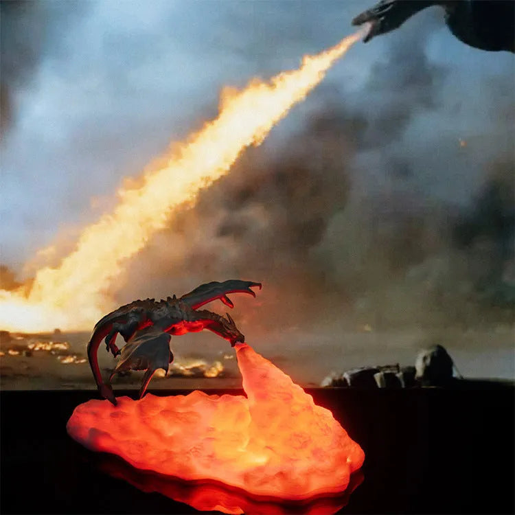 3D printed dragon-shaped night light with glowing red breathing LED effect on a table