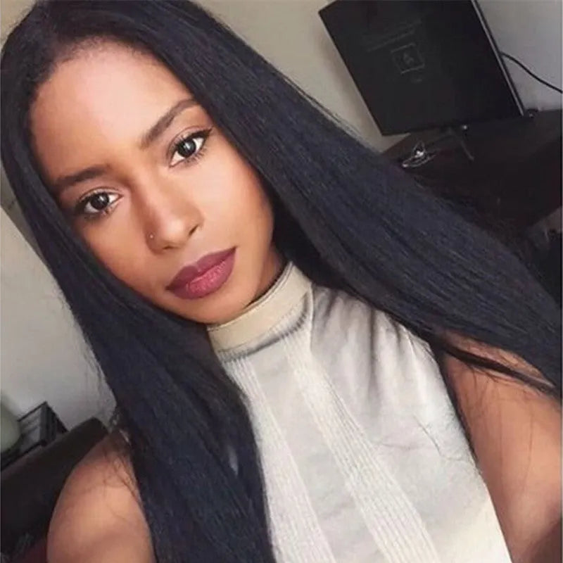 Long straight black women's wig with centre-parted bangs in European American style