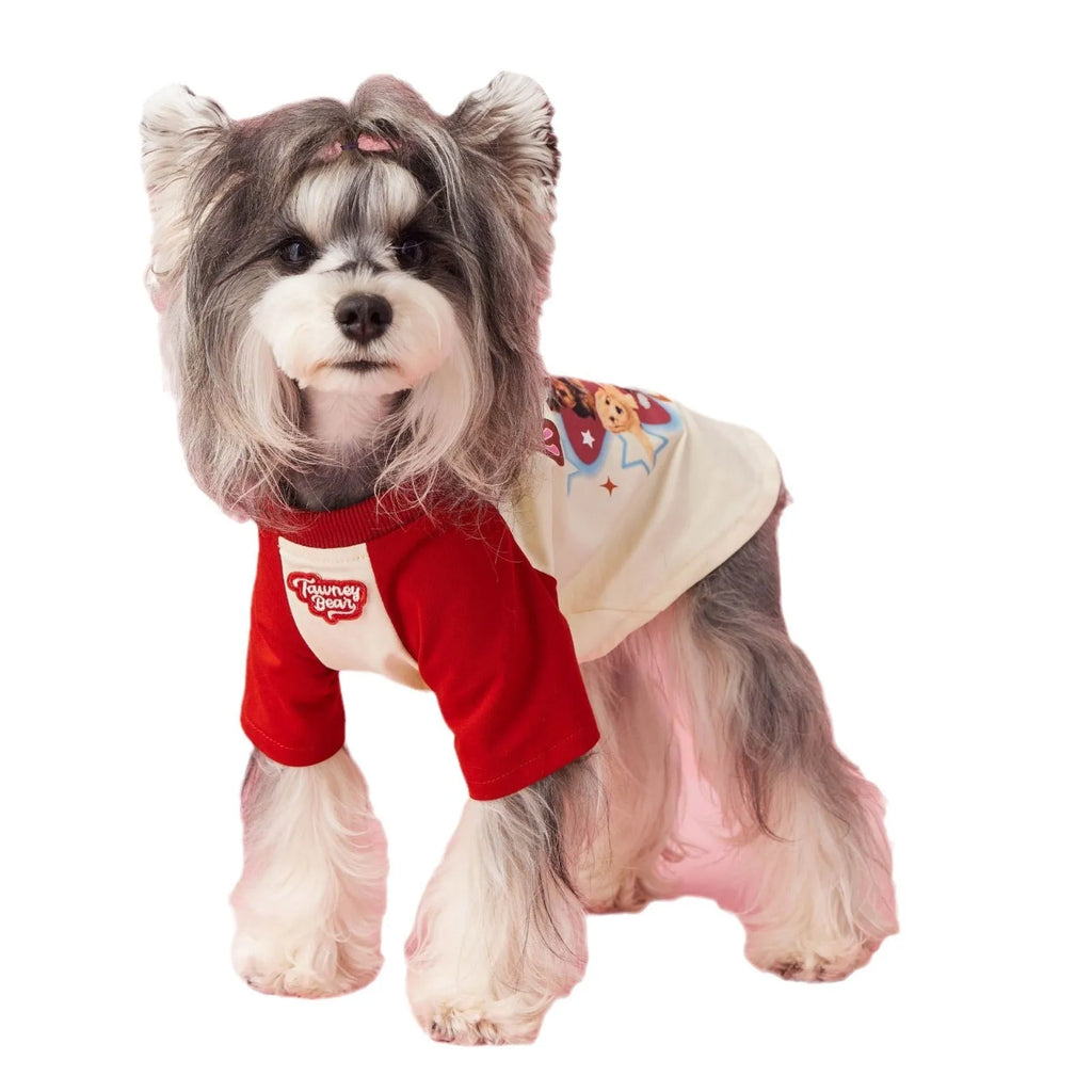 Dog wearing cotton summer clothes in embroidered red colour, size options XS to XXL available