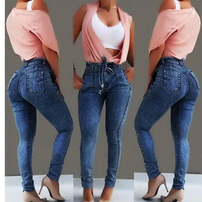 Women's fringed jeans in cowboy fabric, shown in grey, dark blue, and light blue colour options.