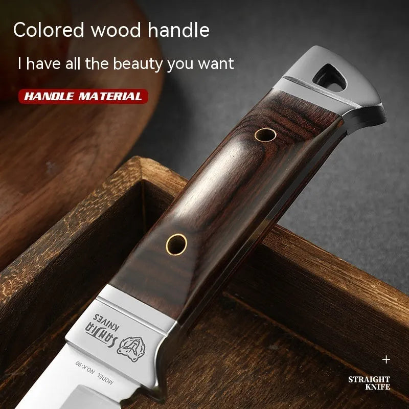 Camping multifunctional portable fruit knife with stainless steel blade and leather protective case.