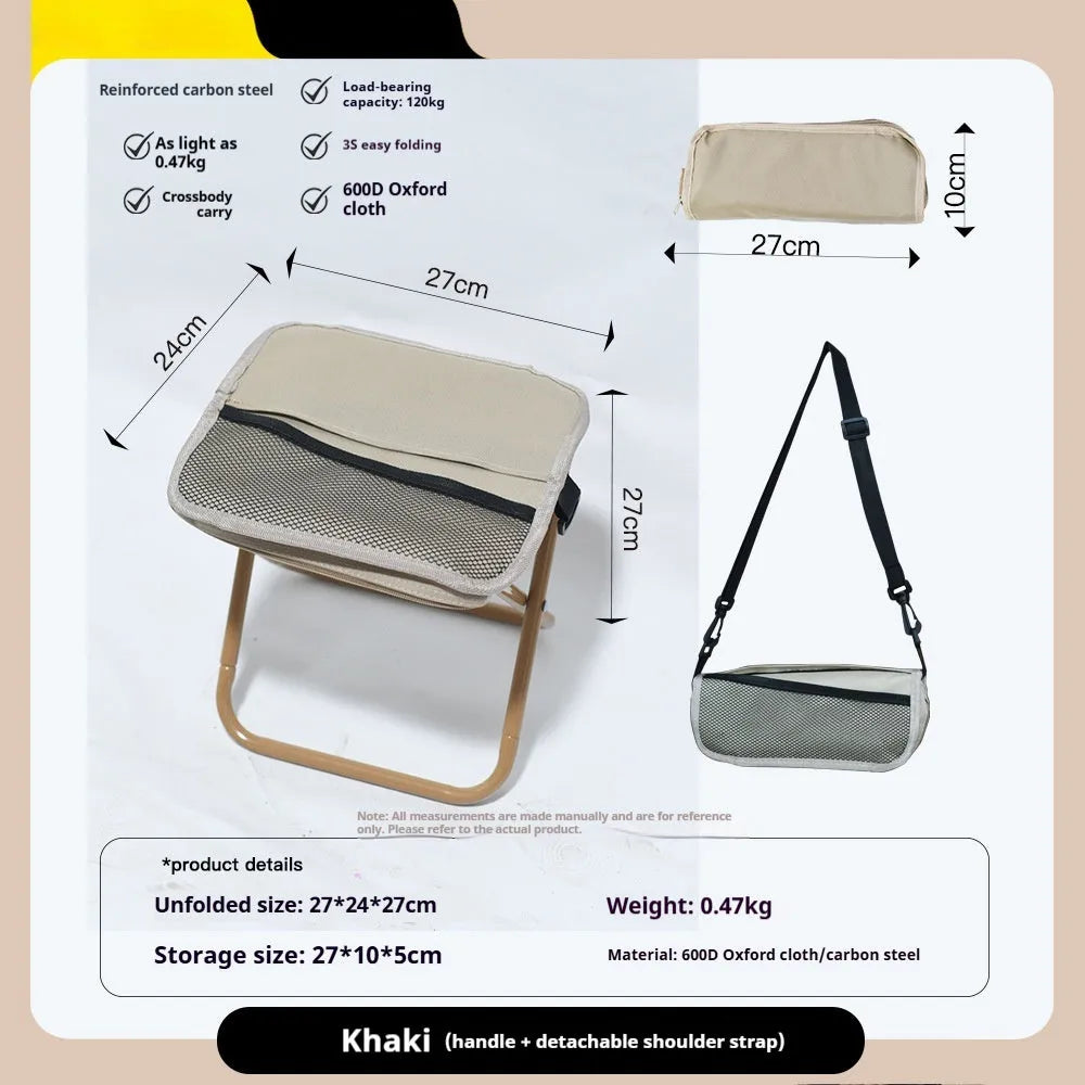 Outdoor foldable pencil box stool with Oxford cloth seat shown in khaki colour, folded and unfolded.