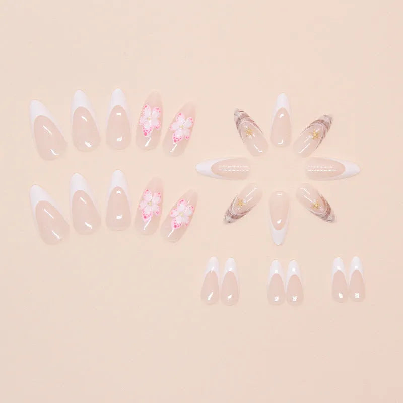 French style fake nails with floral rock pattern design in simple flower colour