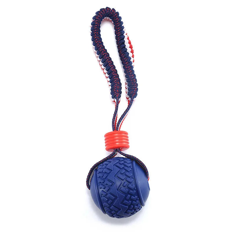 Blue dog ball with rope toy showing 6.5cm diameter ball and cotton rope handle for small dogs