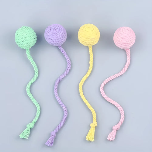 Colourful cat toy ball with rope and built-in bell in two size options
