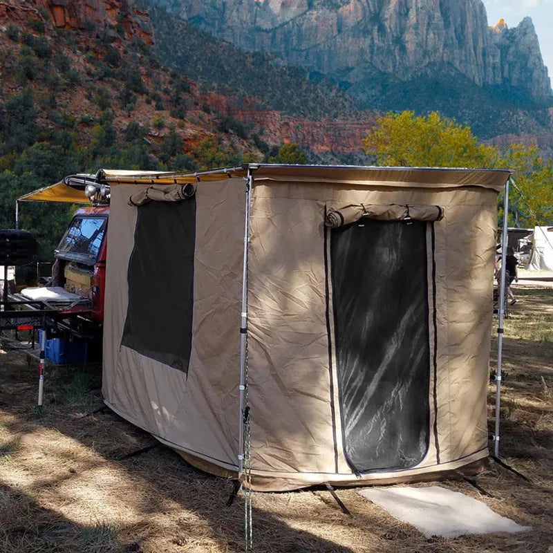 Camping tent sunshade with aluminium poles and camouflage or black glue style, set up outdoors.