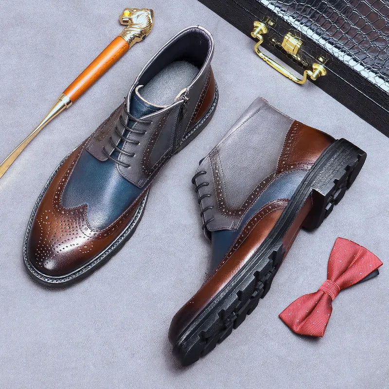 Curry blue leather brogue boots with colour blocking and carved detailing