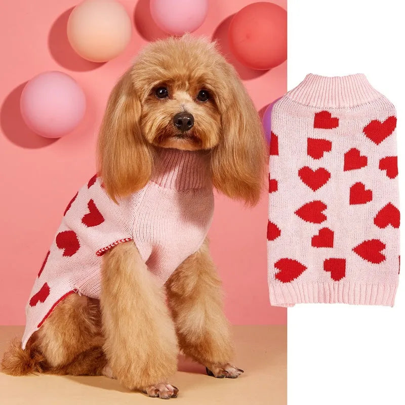Red love heart dog sweater on small dog with bow design alternative colours available