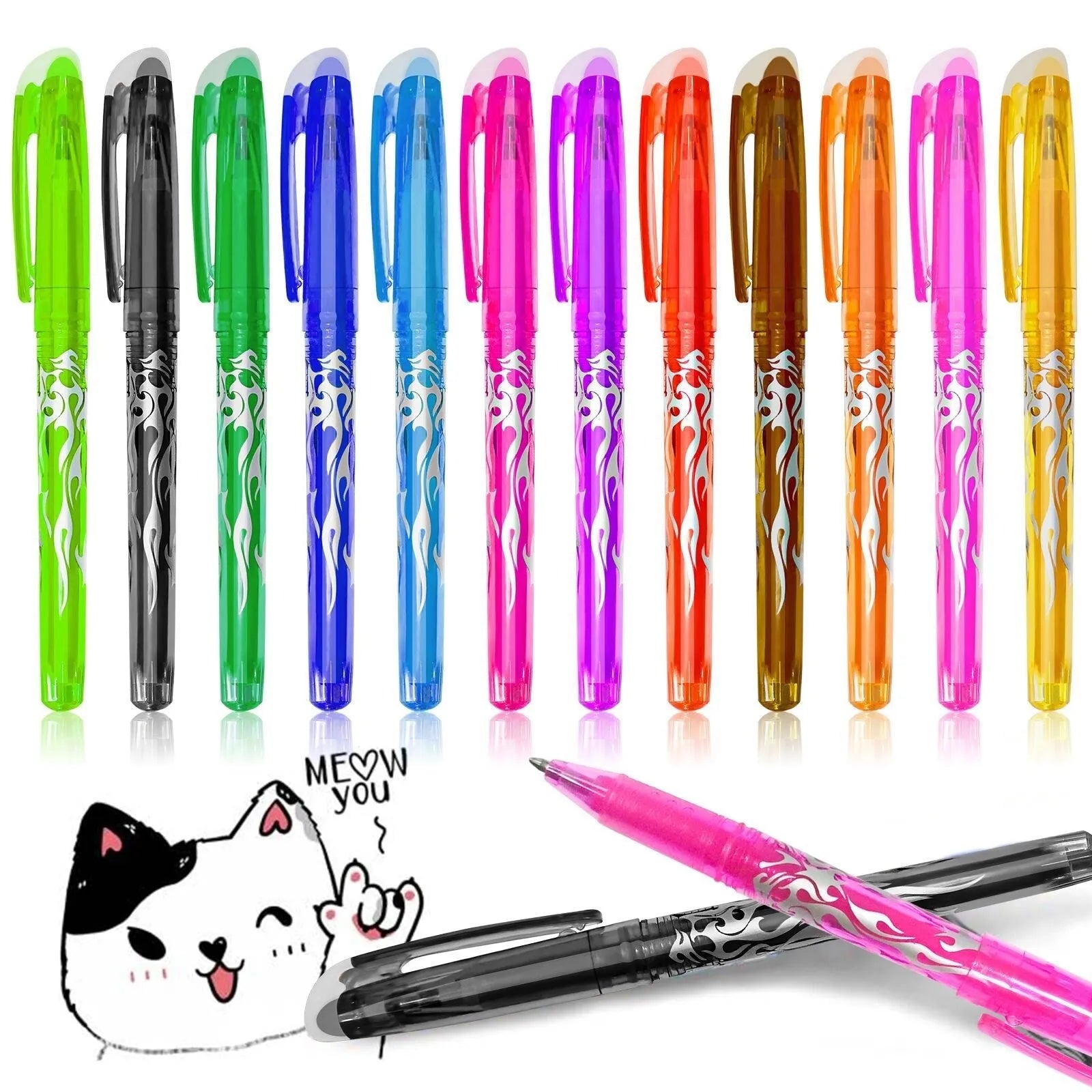 Heat-erasable gel pen set with plastic barrels and stainless steel nibs in multiple colours