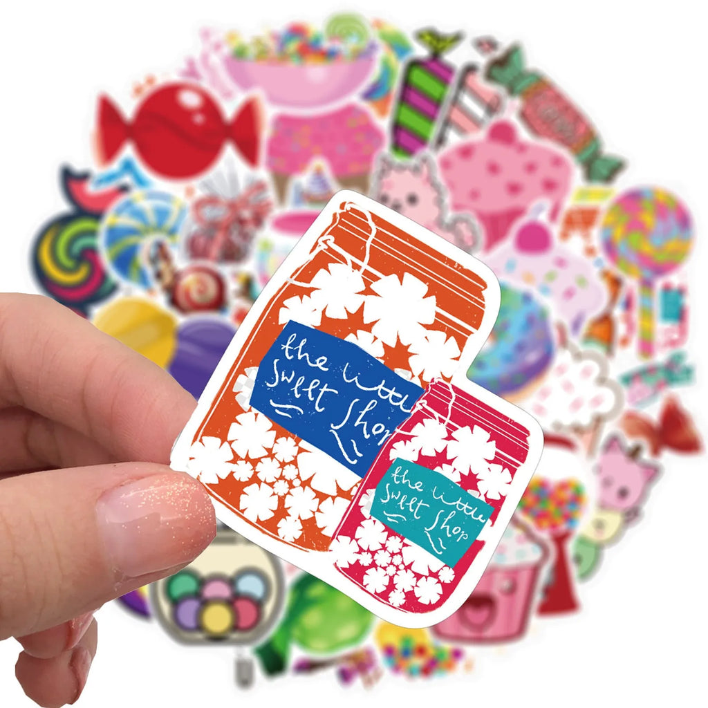 50 colourful candy graffiti adhesive stickers with cartoon designs measuring 4-6cm