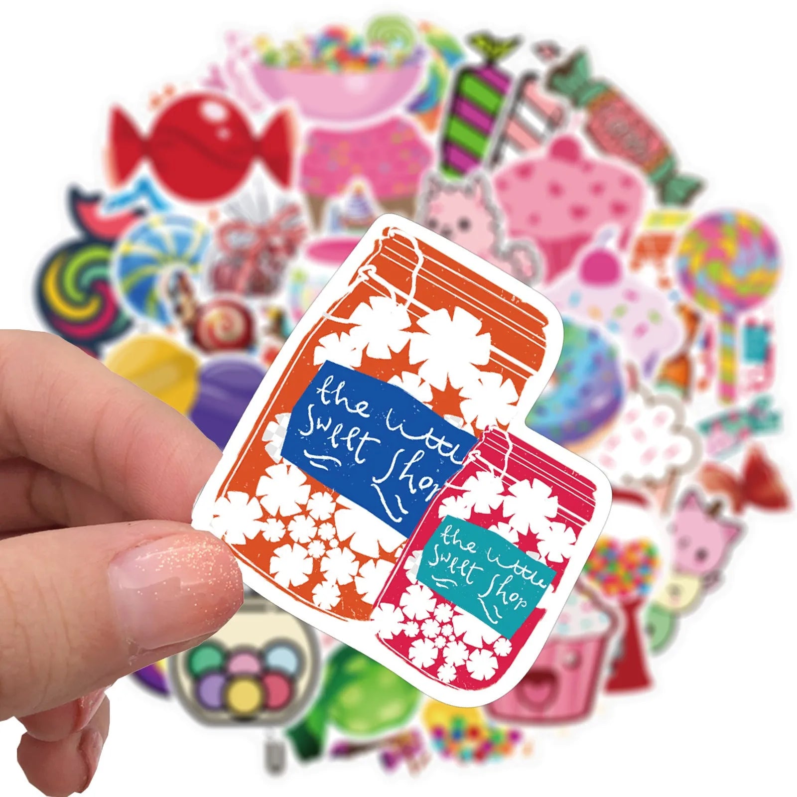 50 colourful candy graffiti adhesive stickers with cartoon designs measuring 4-6cm
