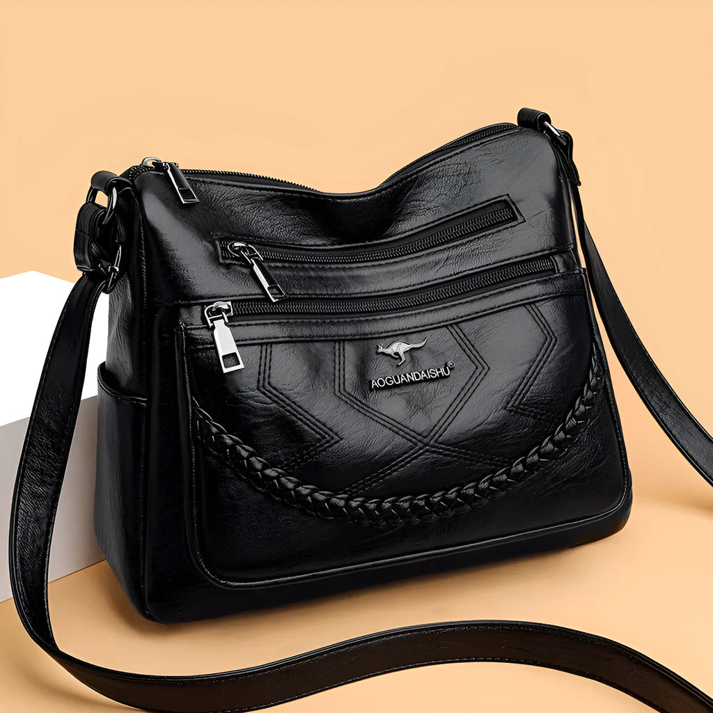 Soft PU leather women's shoulder bag in a horizontal square shape with a large capacity interior