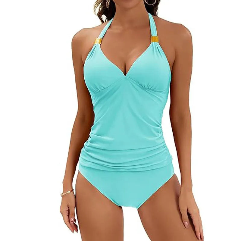 Women's red halter tie two piece swimsuit with briefs on a mannequin.