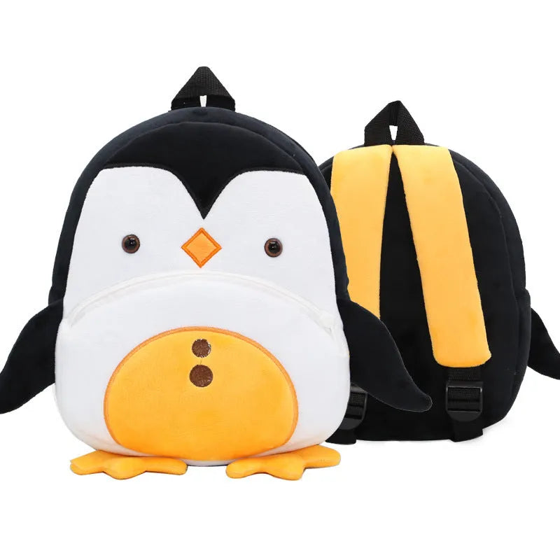 Soft plush children's backpack with cartoon animal design, showing zippered main compartment.