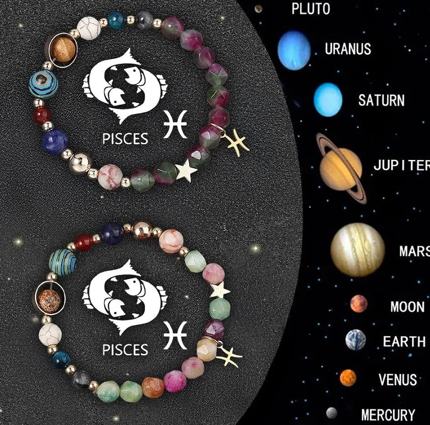 Natural stone beaded zodiac bracelets showing twelve astrological sign designs on elastic cord