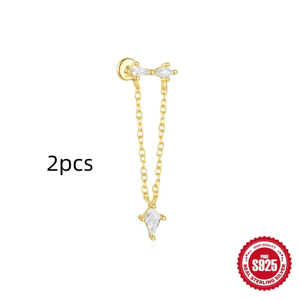 S925 sterling silver geometric kite earring with rhinestone chain tassel in gold colour.