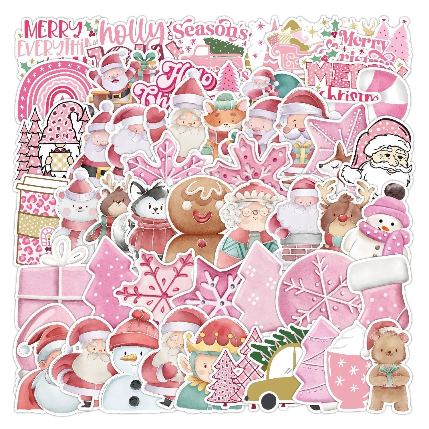 Set of 50 cute Christmas waterproof stickers in sizes from 4cm to 8cm for decoration.