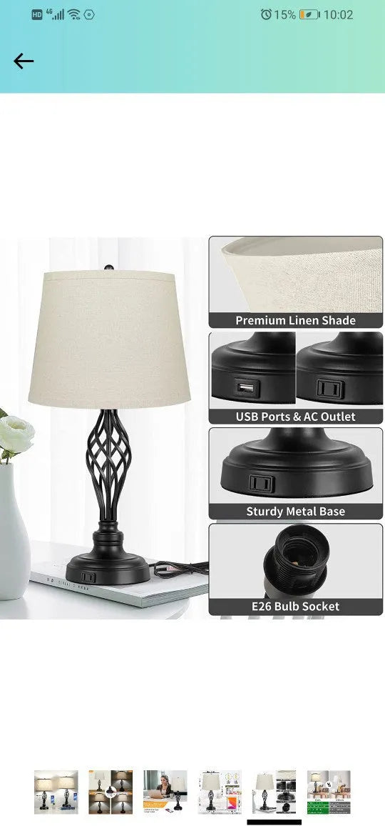 Modern alloy bedside lamp with touch controls and USB charging port