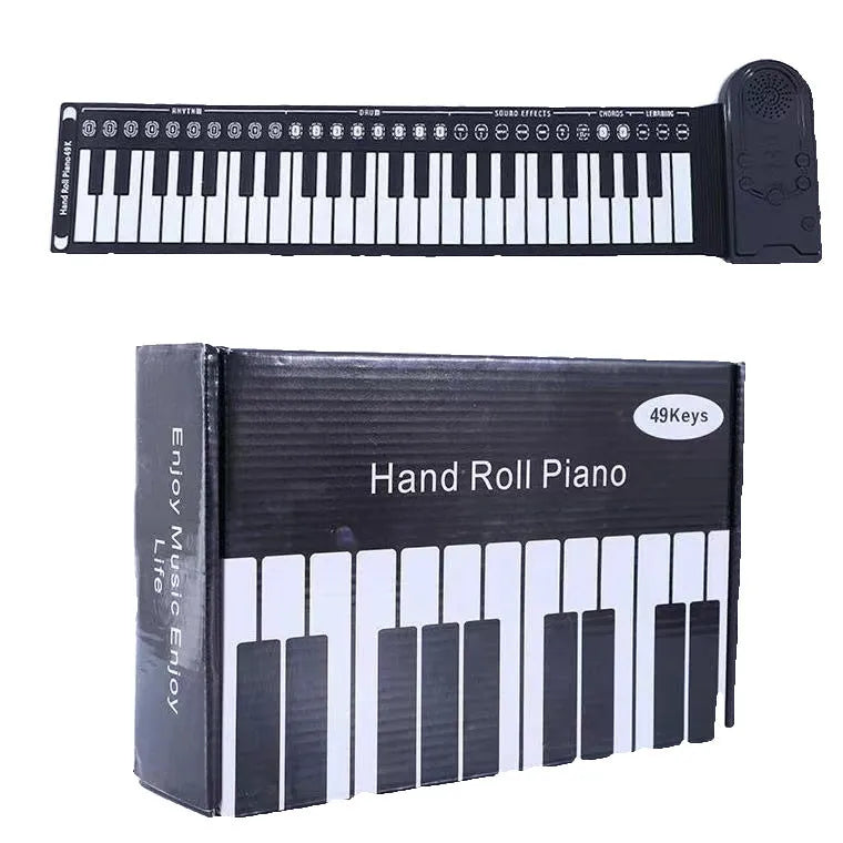 Glossy Black portable folding electronic keyboard with 49 silicone keys, shown both folded and unrolled.
