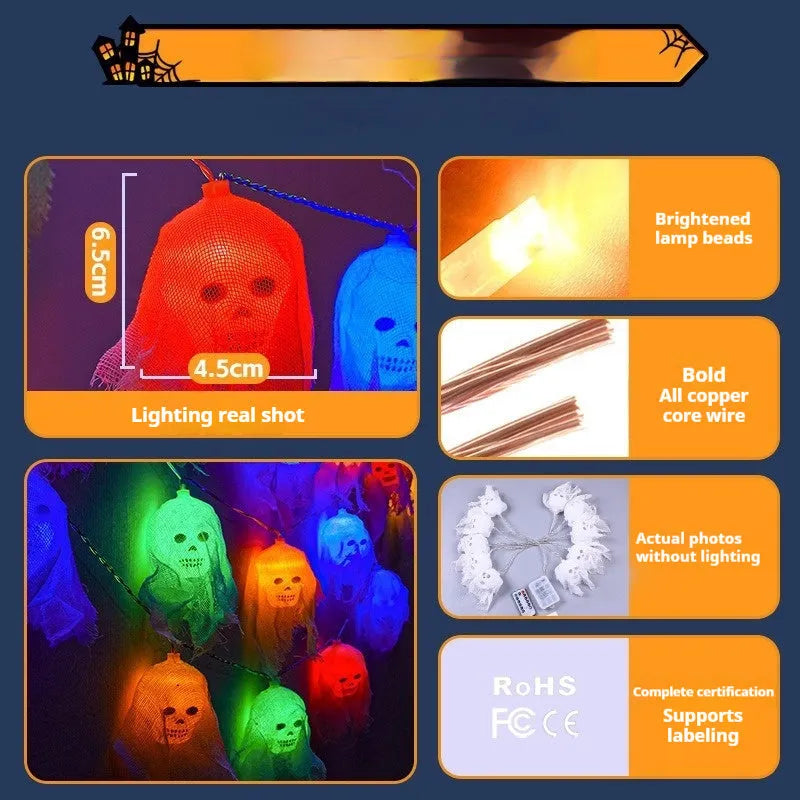 Halloween battery-powered LED coloured string lights for indoor wall decoration showing colour and warm white options