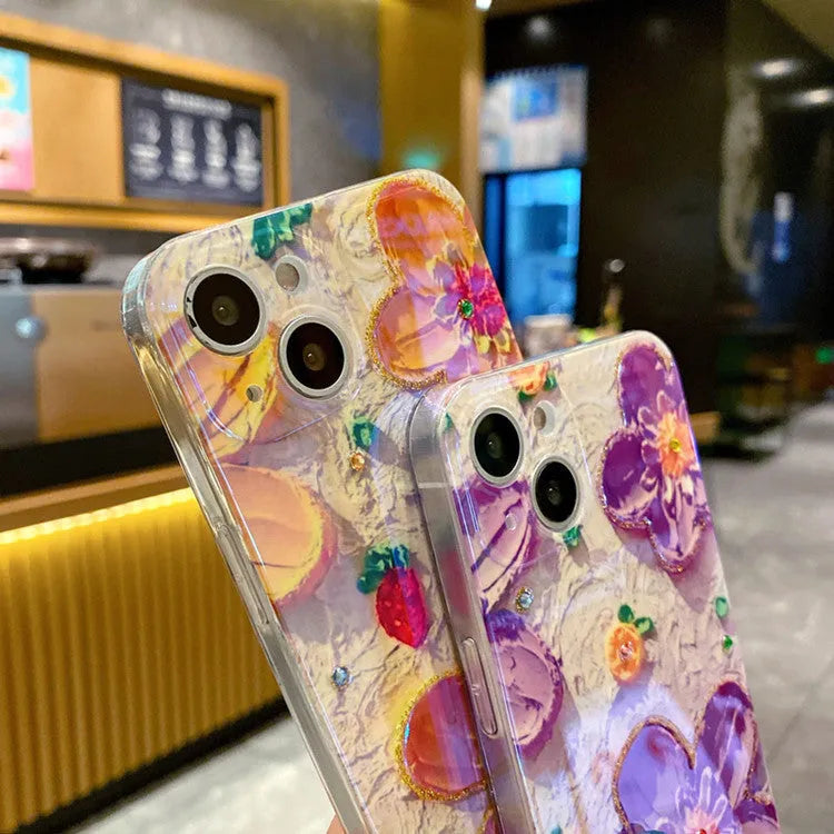 Purple soft rubber phone case with oil painting floral pattern and diamond detailing for iPhone and Huawei smartphones