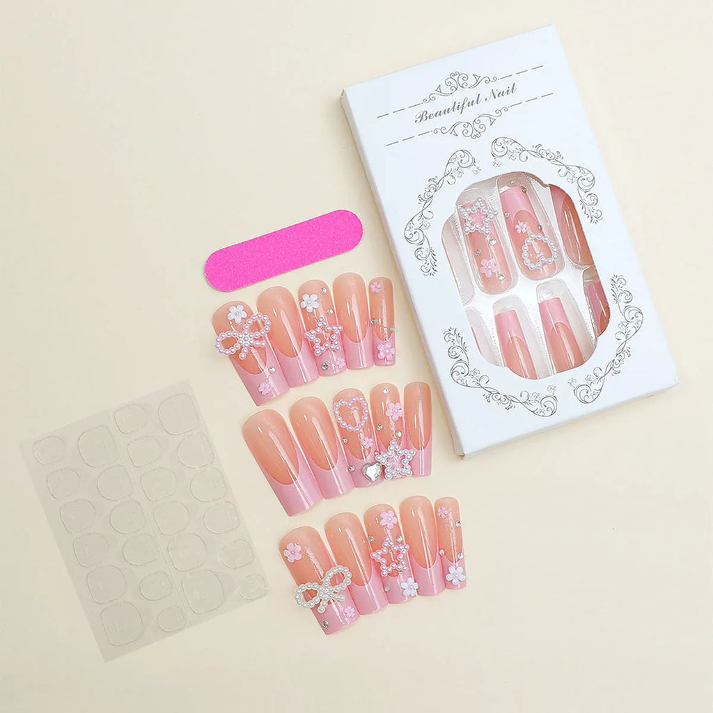 Super long water pipe French spot drill bow false nails with love pattern design in XB-70-48 colour for ladies manicure