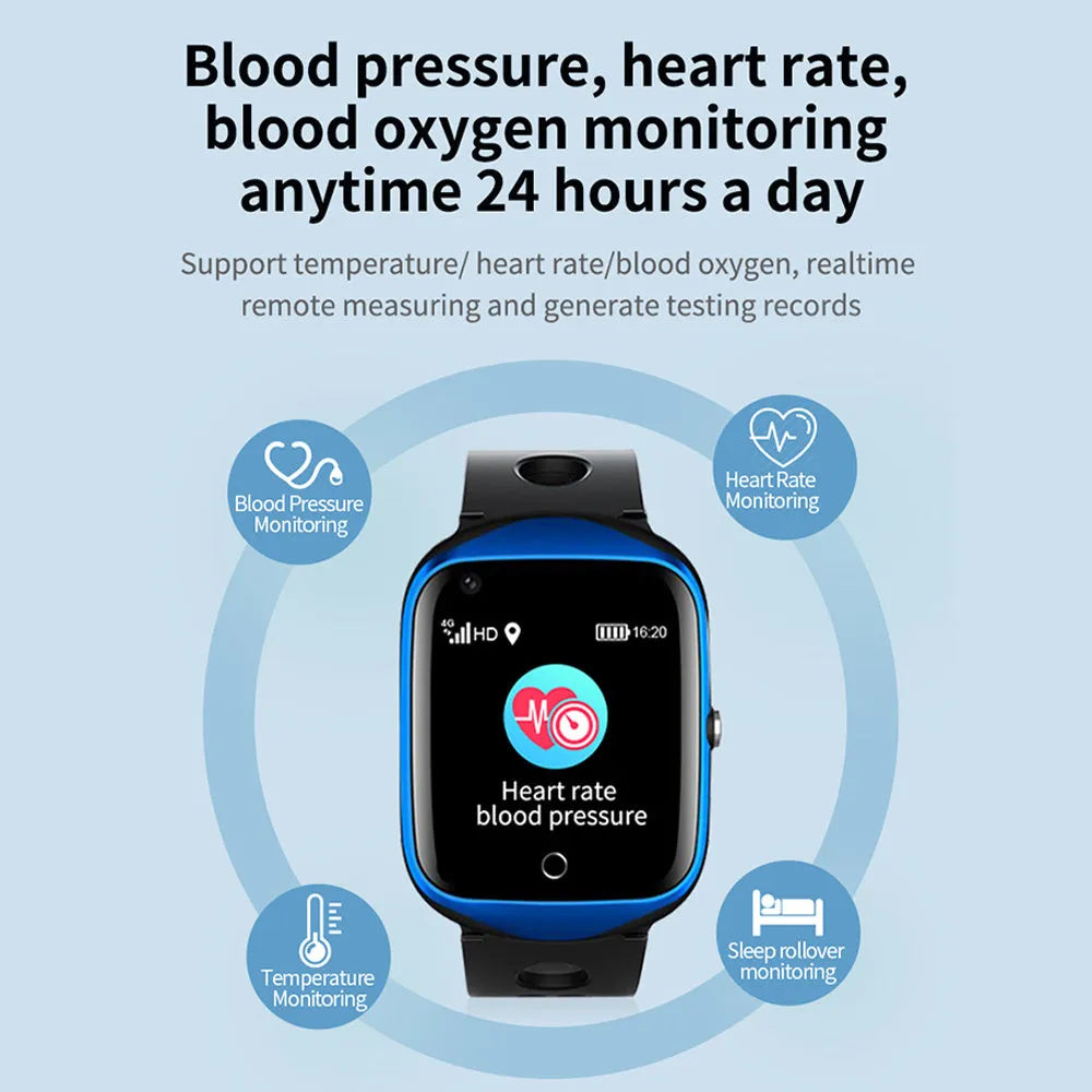 Square screen smartwatch for elderly with GPS tracking and SIM card slot in black colour