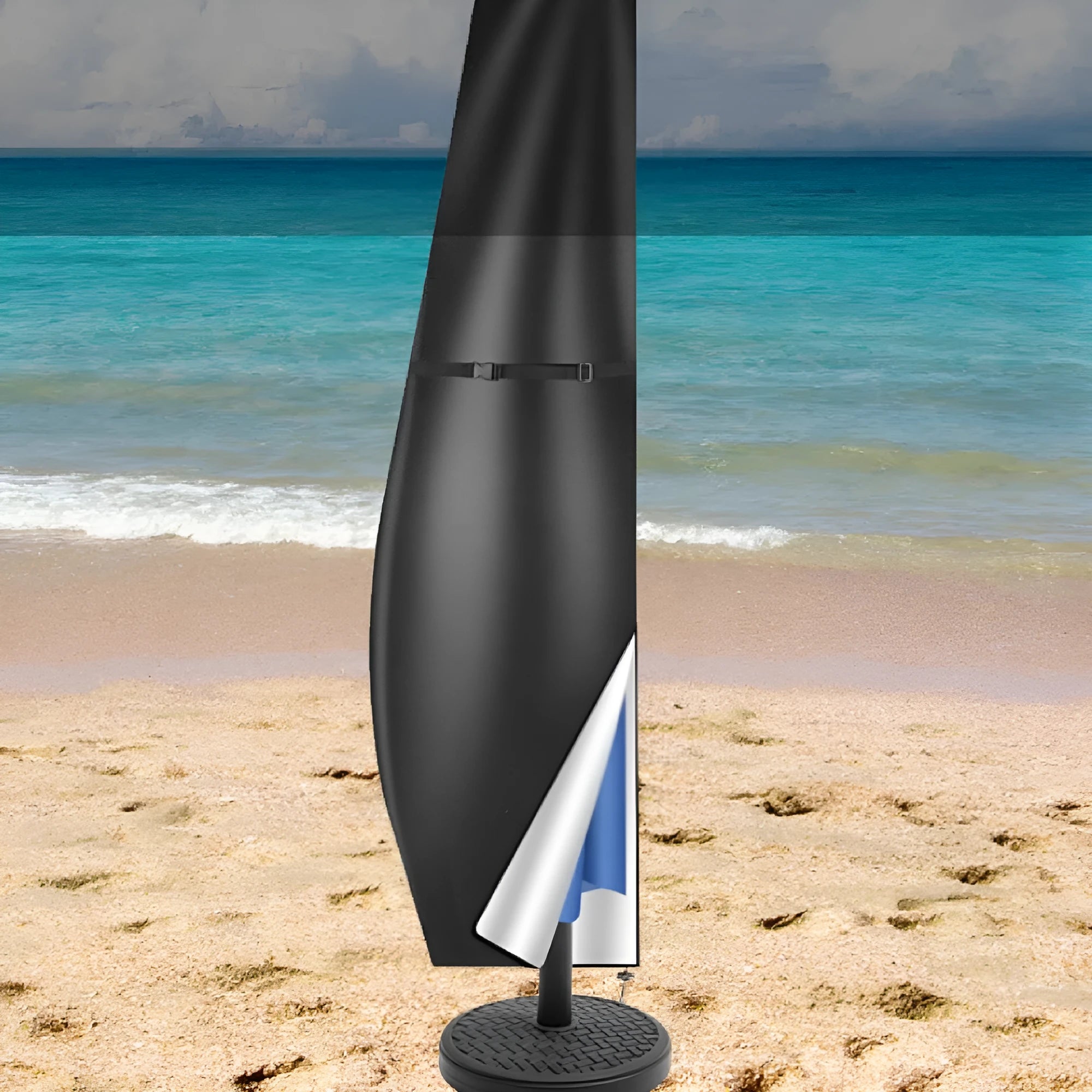 Black oxford cloth waterproof cover for a garden banana umbrella on a patio table