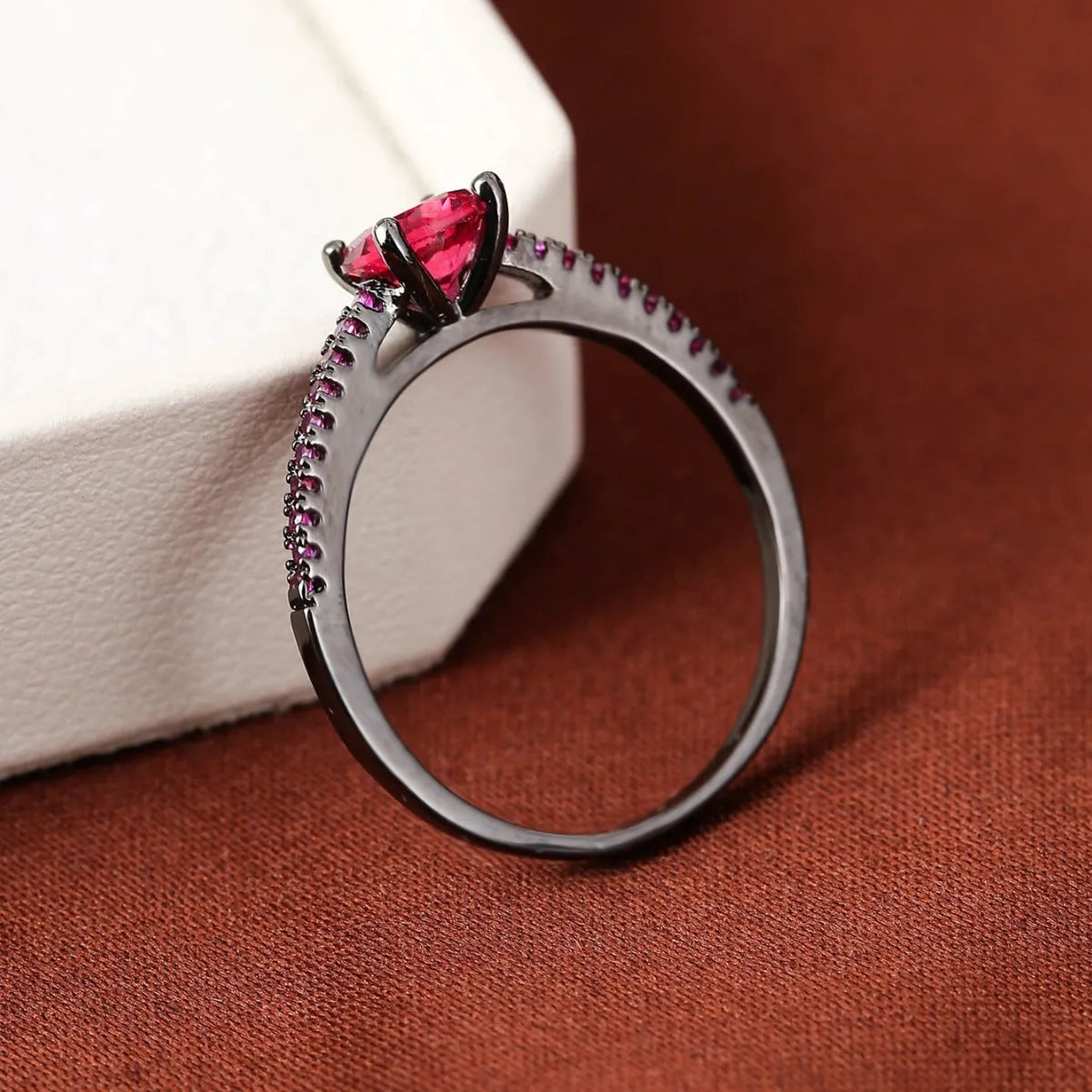Geometric hexagon zircon copper ring in gold rose red electroplated finish, size UK 7.