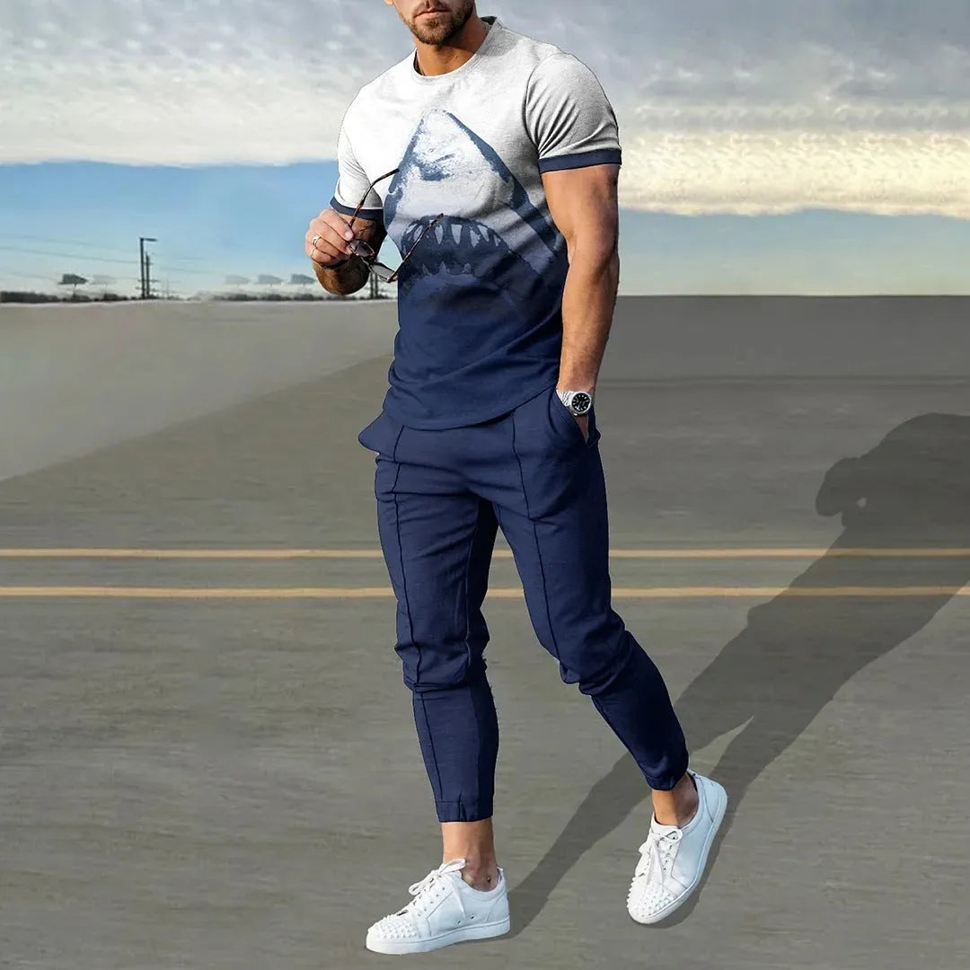 Men's short-sleeved pullover and trouser set in chemical fibre blend fabric for sports
