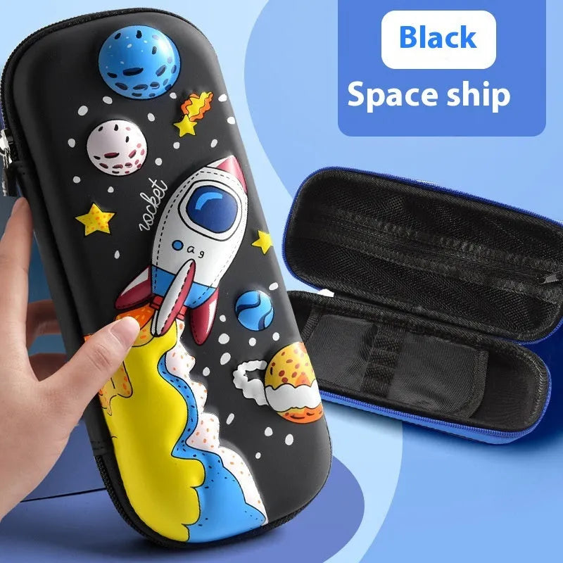 3D leather pencil case in a box shape showing one of the available design options such as a spaceship or unicorn
