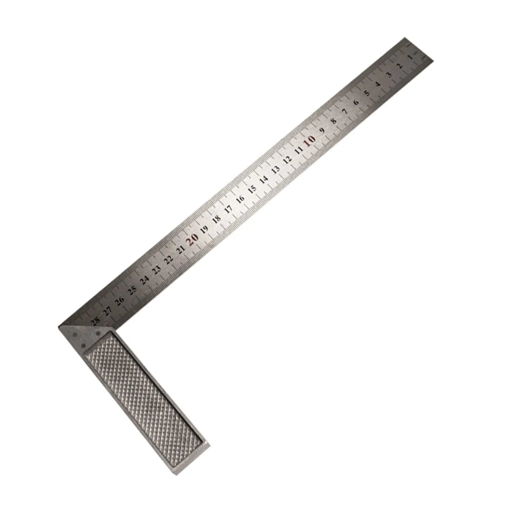 Red thin 7-inch metal combination angle ruler with dual metric edges for civil surveying