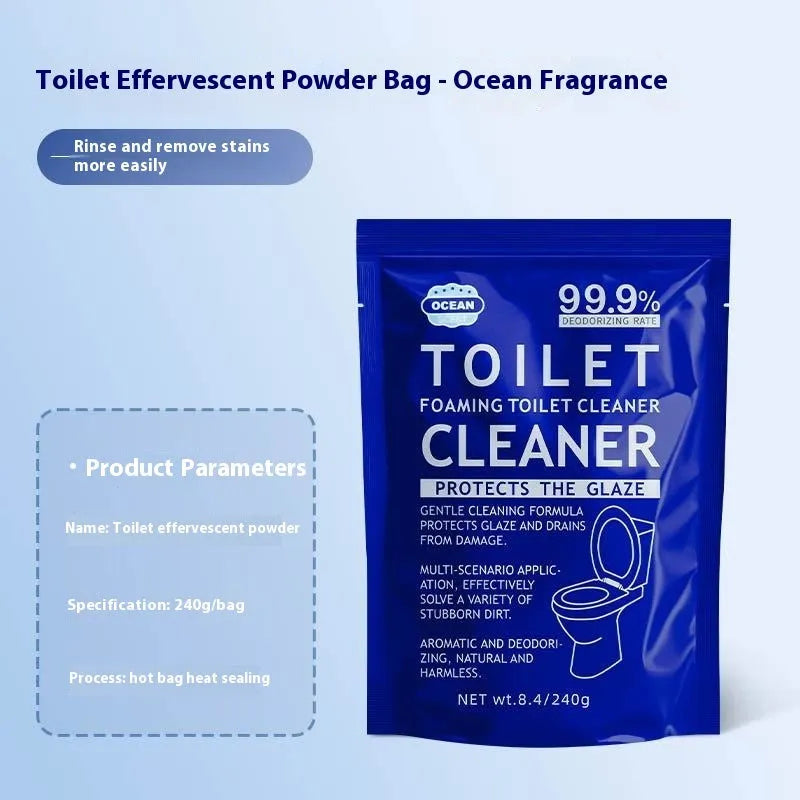 Toilet bubble powder descaling cleaner in blue ocean and pink floral fragrance, showing 240g bag and box of 5 sachets.