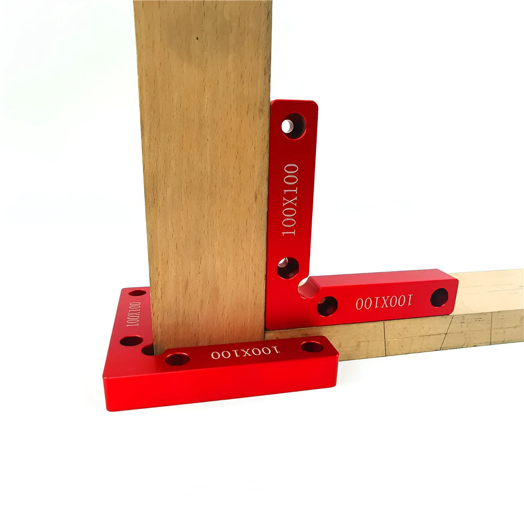 Aluminium woodworking right angle positioning block with scale markings for jigsaw fixtures