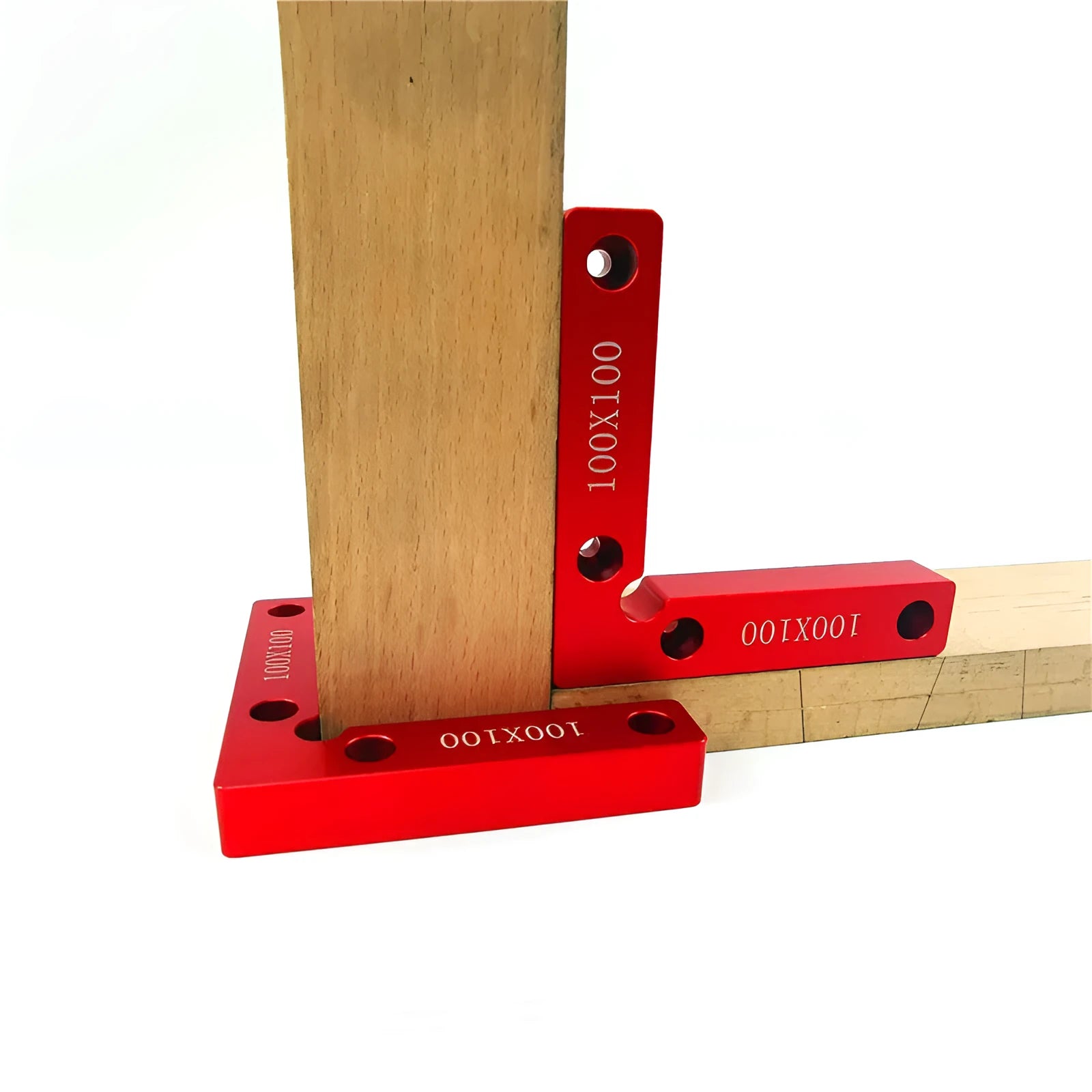 Aluminium woodworking right angle positioning block with scale markings for jigsaw fixtures