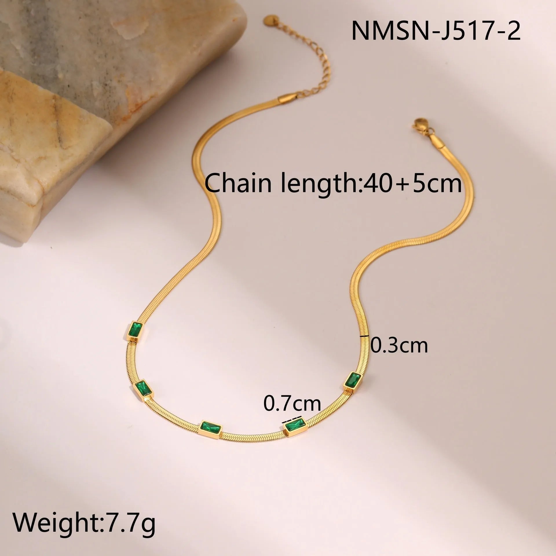 Geometric square zircon necklace with stainless steel flat snake chain in gold or steel colour