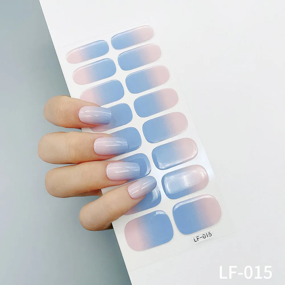 Sheet of 16 solid colour nail art sticker designs including cross, rose, and leopard print patterns.
