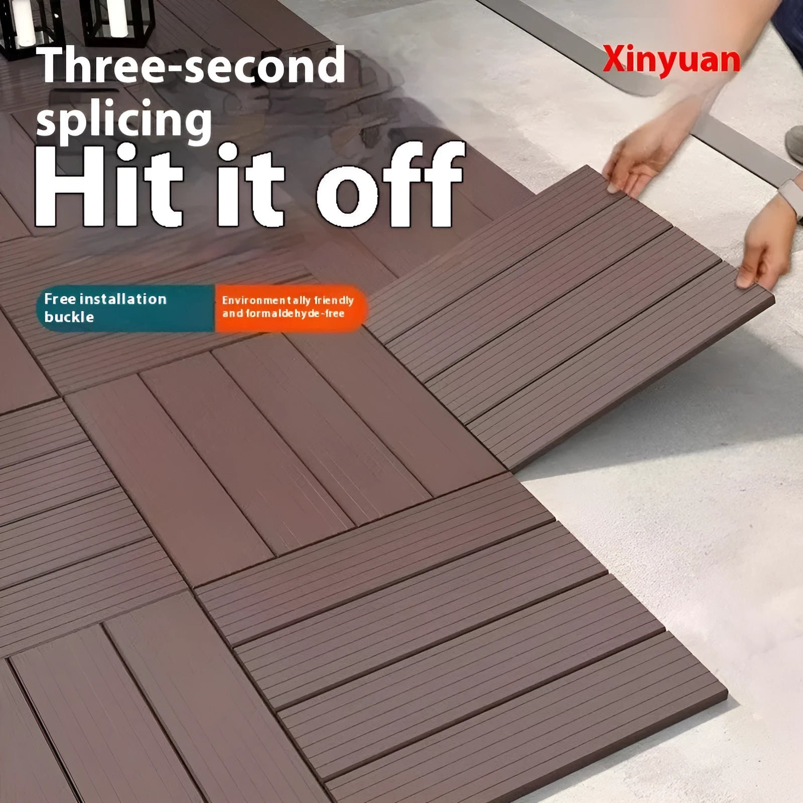 Ten square plastic floor tiles with a wood grain pattern, showing a non-slip surface.