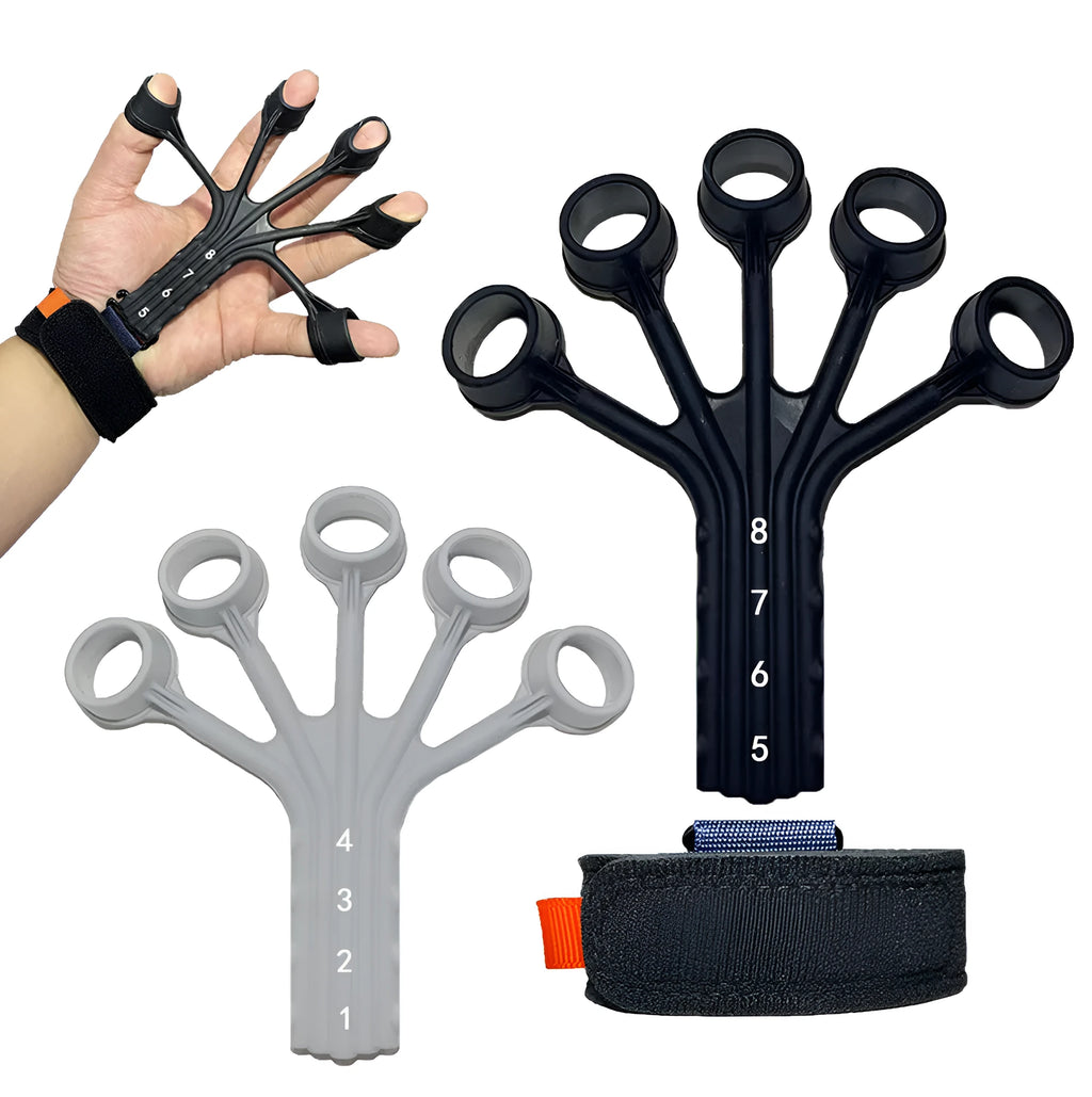Black or grey silicone finger flexion and extension trainer with adjusting belt for adult hand rehabilitation