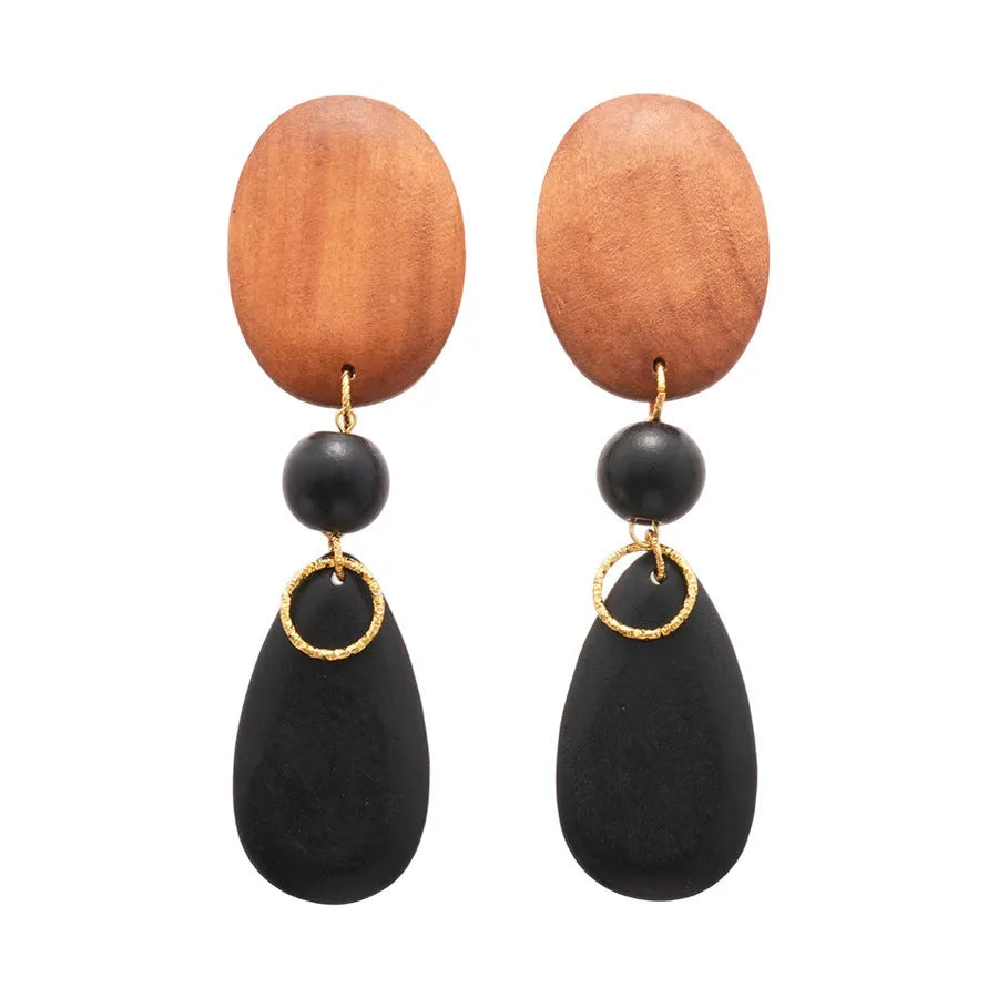 Retro wooden earrings in silver brown black colour with elliptical shape and European style
