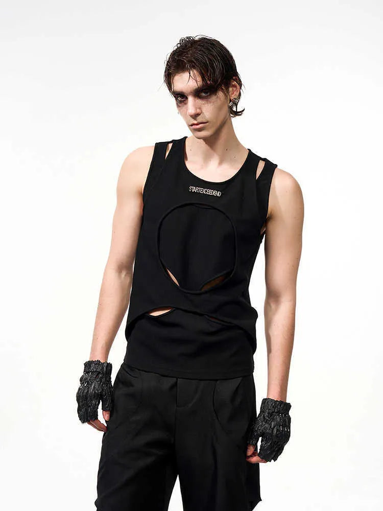Men's black sleeveless loose-fit pullover waistcoat with a round neck, shown on a hanger.