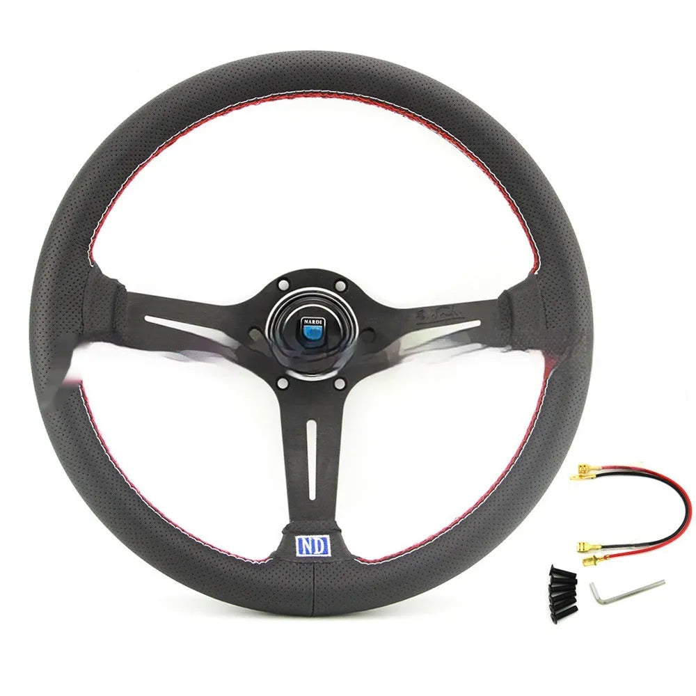 14-inch leather steering wheel with concave centre section in silver black colour with skeleton frame