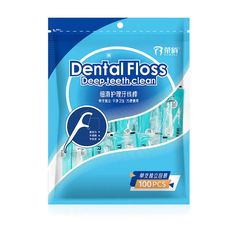 Disposable high tensile dental floss in plastic packaging with dimensions 180x238mm