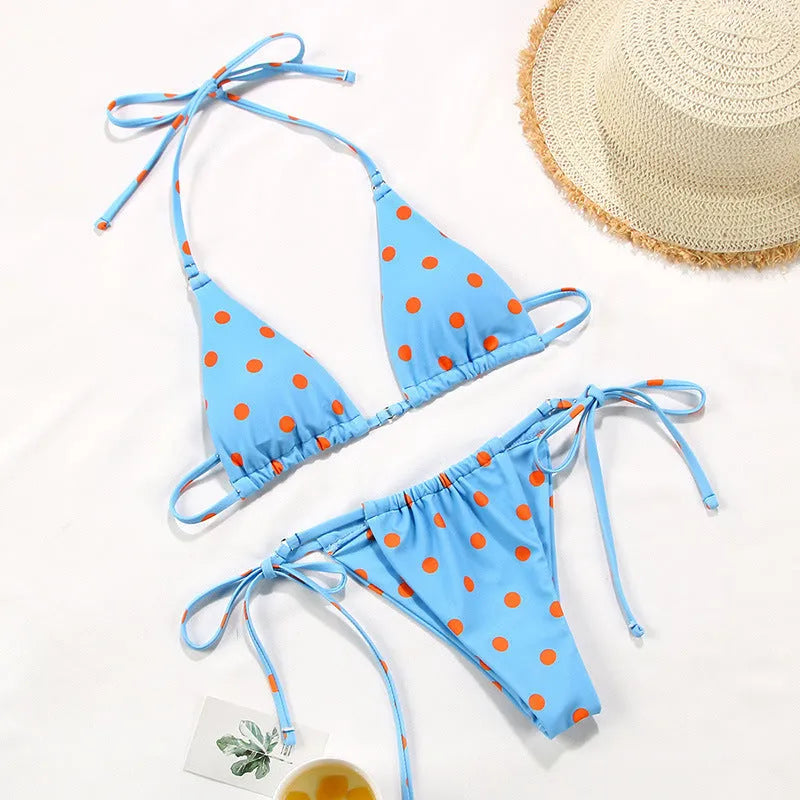 Women's polka dot print split swimsuit bikini with triangle bottom and matching bra