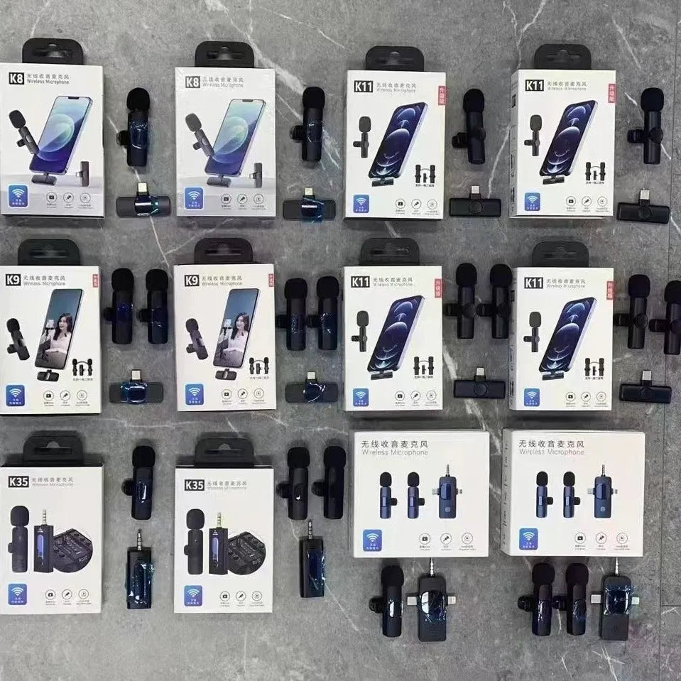 Wireless collar clip lavalier microphone with smartphone connector options for Type-C, Lightning, and 3.5mm jacks.