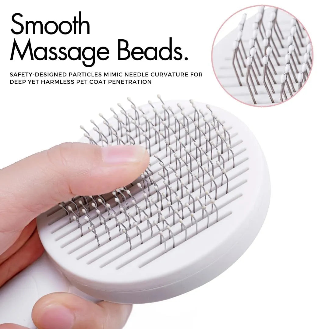 Blue self-cleaning pet grooming brush with ergonomic rubber handle on a white background