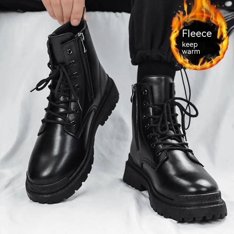 Men's black mid-top leather-style boots with rubber sole showing waterproof non-slip design